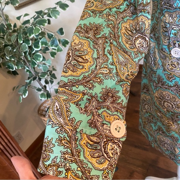 ETCETERA • Aqua Gold Paisley Button Front Long Jacket Coat • Size 8 - Picture 4 of 11